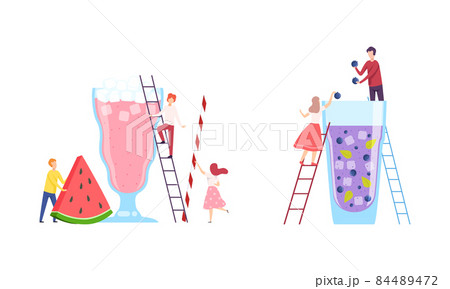 Tiny People Character Making Cocktail Putting Ingredients Into Huge Glass with Ladder Vector Set 84489472