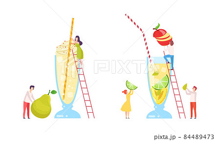 Tiny People Character Making Cocktail Putting Ingredients Into Huge Glass with Ladder Vector Set 84489473