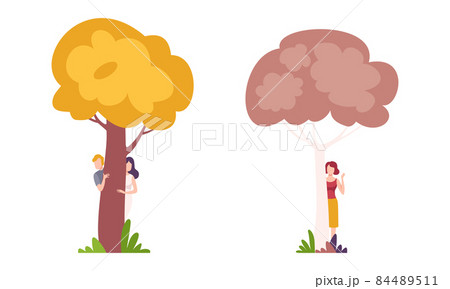 Man and Woman Character Standing Behind Tree Trunk Peeking and Looking Vector Set Man and Woman Character Standing Behind Tree Trunk Peeking and Looking Vector Set 84489511