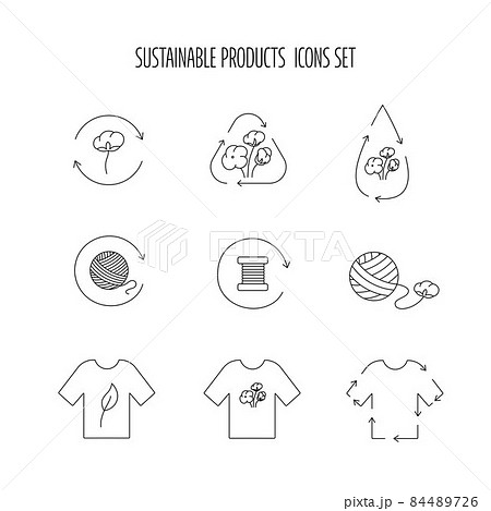 Sustainable product, fabric icon set for eco friendly, natural fabric product, clothing and food packaging. Vector stock illustration isolated on white background for design label set. EPS10 84489726