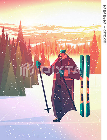 skier woman sportswoman skiing doing activities winter vacation concept sunset snowfall landscape background 84489884