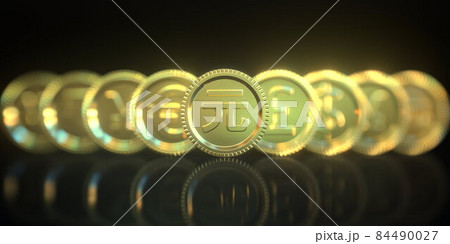 Renminbi and other currency symbols on golden coins on black background. Forex related conceptual 3D rendering 84490027