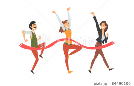 Cheerful Business Man and Woman Crossing Finish Line at Running Track Smiling Vector Set 84490100