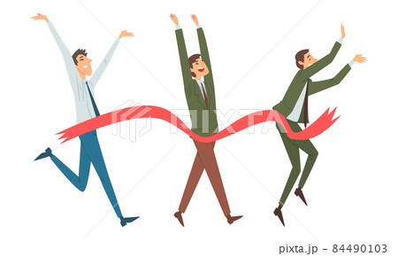 Cheerful Business Man Crossing Finish Line at Running Track Smiling Vector Set Cheerful Business Man Crossing Finish Line at Running Track Smiling Vector Set 84490103