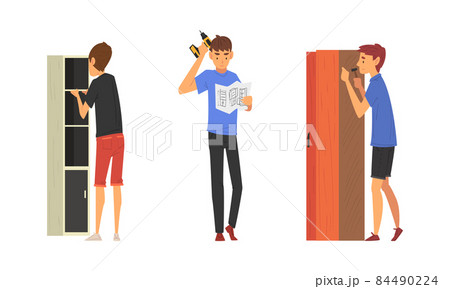 Young Man Assembling Wooden Wardrobe Engaged in Manual House Work Vector Set 84490224