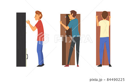 Young Man Assembling Wooden Wardrobe Engaged in Manual House Work Vector Set Young Man Assembling Wooden Wardrobe Engaged in Manual House Work Vector Set 84490225