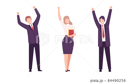 Happy Smiling Office Worker with Raised Hands Cheering About Goal Achievement Vector Set 84490256