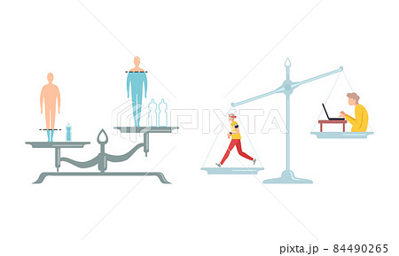 Outbalanced Scales with Different Things of Value Comparison with Water Consumption and Active Lifestyle Vector Set 84490265
