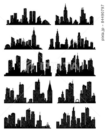 Cityscape silhouette collection. City buildings, night town and horizontal urban panorama silhouettes set. Skyline with windows in a flat style 84490797