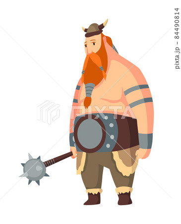 Viking man with horned helmet and mace. Bearded men warrior or hero of scandinavian legends. Cartoon barbarian history character with weapon 84490814