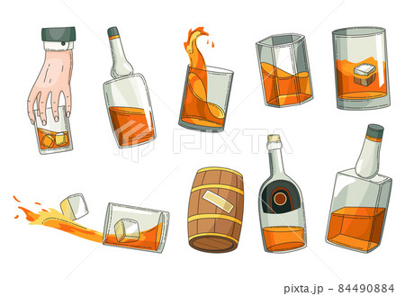 Whiskey advertising design elements. Advertising design symbols set. Glass bottle, man hand holding glass of scotch with ice cubes, wooden alcohol barrel icon collection. Vector alcohol products 84490884