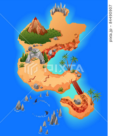 Treasure game map. Cartoon tropical uninhabited island map. Vector gaming background 84490907