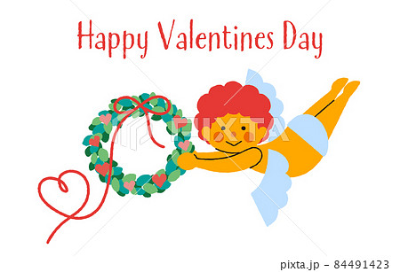 ハートのリボンがついたリースを持つシンプルでかわいいキューピッドのイラスト 2のイラスト素材