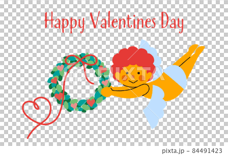 Illustration of a simple and cute Cupid with a wreath with a heart ribbon 2 Illustration of a simple and cute Cupid with a wreath with a heart ribbon 2 84491423