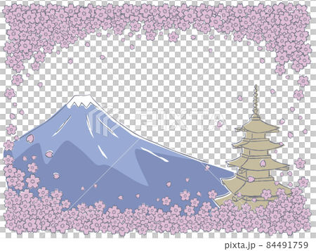 插圖與富士山和櫻花框架中的五層寶塔 84491759