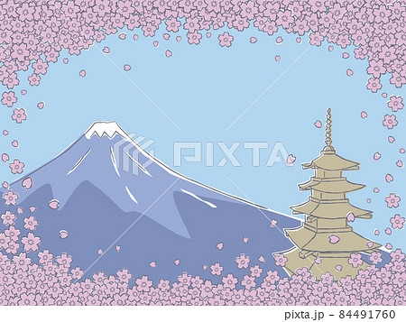 桜と富士山と五重塔のイラストのイラスト素材