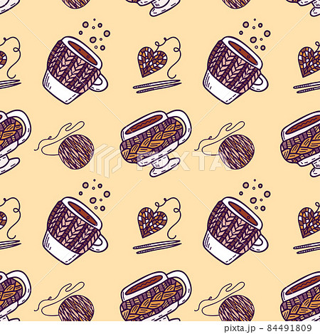 Seamless pattern with knitted cups with coffee. Colorful vector design for print and web.  84491809
