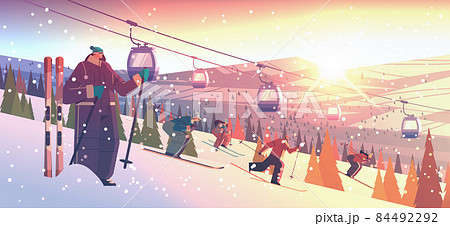 people skiing men women tourists doing activities winter vacation concept sunset snowfall landscape background people skiing men women tourists doing activities winter vacation concept sunset snowfall landscape background 84492292