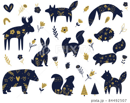 Set of silhouettes of forest animals with floral decoration inside them. 84492507