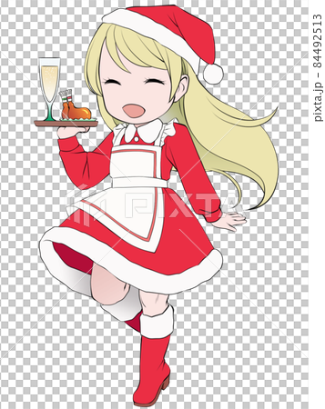 一位微笑的金發女服務員端著香檳和雞肉 84492513