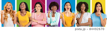 Different bright emotions of millennial pretty international women looking at camera 84492670