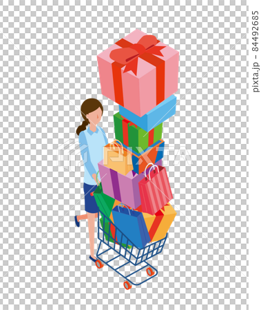 Isometric illustration of a woman carrying a purchased item in a shopping cart Isometric illustration of a woman carrying a purchased item in a shopping cart 84492685