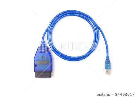 Blue cable for automotive diagnostics of a car on a white background, isolate, close-up. Equipment 84493617