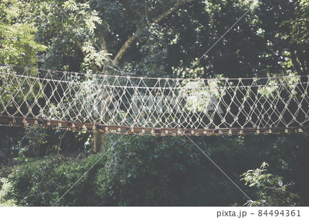 wooden hanging suspended rope bridge in park 84494361