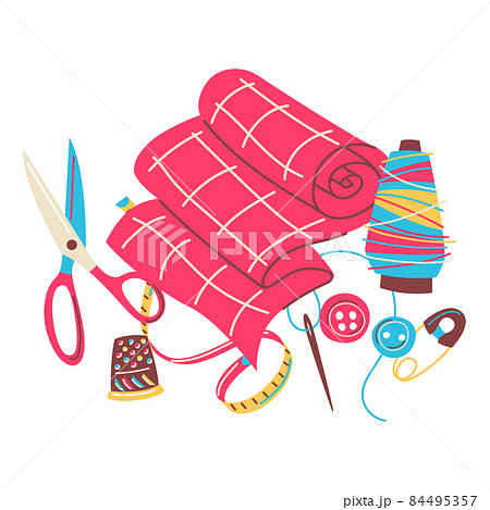 Illustration with needlework sewing items. Handicraft and hand made. Feminine creativity hobby and shopping. 84495357
