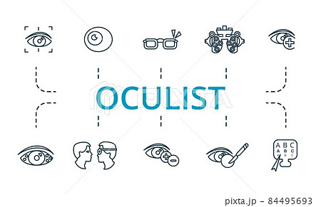 Oculist icon set. Collection of simple elements such as the glasses, blindness, 13, vision correction, astigmatism, cataract surgery. Oculist icon set. Collection of simple elements such as the glasses, blindness, 13, vision correction, astigmatism, cataract surgery. 84495693