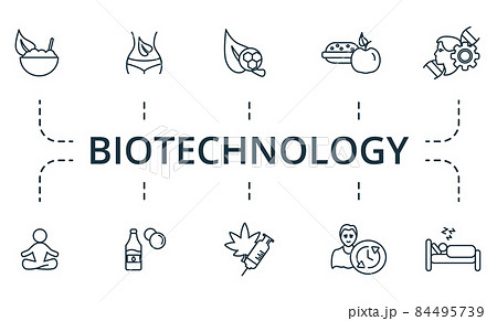 Biotechnology icon set. Collection of simple elements such as the detox, biohacking, child train, horse carousel, clown, tickets, fastfood. 84495739