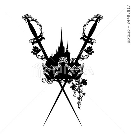 king crown with crossed epee swords, roses and fairy tale castle black vector silhouette king crown with crossed epee swords, roses and fairy tale castle black vector silhouette 84495817