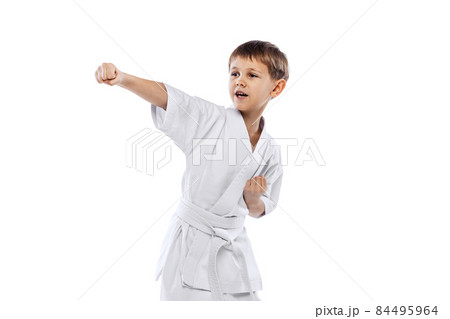 Portrait of concentrated little sportsman training karate poses isolated over white background 84495964
