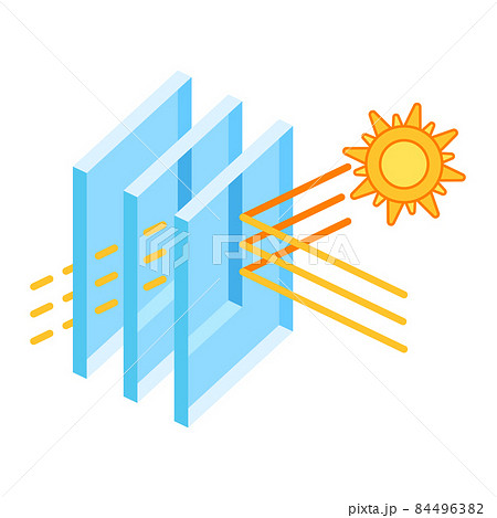Sun protection with glass layers. Cross section double glazed window. Infographics showing properties. 84496382