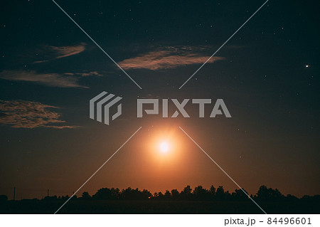 Moonrise Above Summer Forest park. Night Countryside Summer Starry Night Sky landscape 84496601