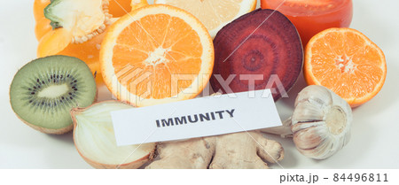 Inscription immunity and fresh fruits with vegetables. Source natural vitamins and minerals Inscription immunity and fresh fruits with vegetables. Source natural vitamins and minerals 84496811