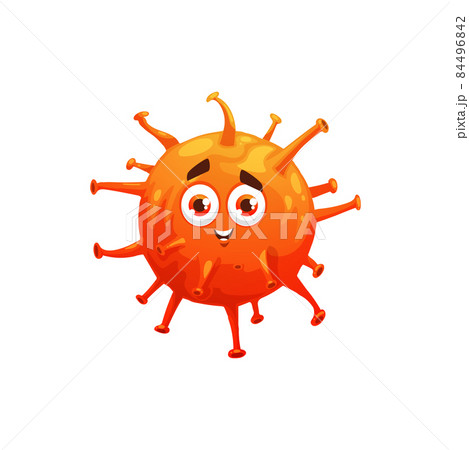 Cartoon red virus character, vector antiviral and immune health protection. Virus cell of flu or coronavirus, bacteria or microbe viral disease protection and antiviral pathogen vaccination 84496842