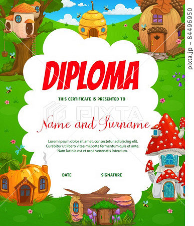 Kids vertical diploma with cartoon beehive, mushroom and pumpkin, stump and acorn fairy houses or dwellings. Kindergarten kids diploma vector certificate or achievement award with fairytale houses 84496950