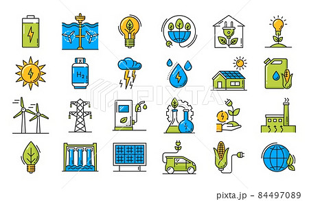 Environment and clean green energy line icons. Green technology of electricity and bio fuel production outline vector icons set with electric car, solar, wind and hydro power station, geothermal plant Environment and clean green energy line icons. Green technology of electricity and bio fuel production outline vector icons set with electric car, solar, wind and hydro power station, geothermal plant 84497089