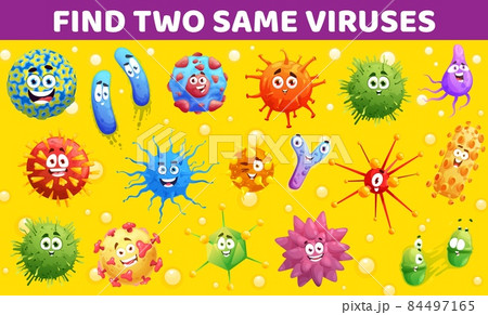 Find two same viruses kids education game with cartoon viruses, microbes and bacteria funny vector characters. Child riddle, differences comparing playing activity worksheet or puzzle logical game 84497165