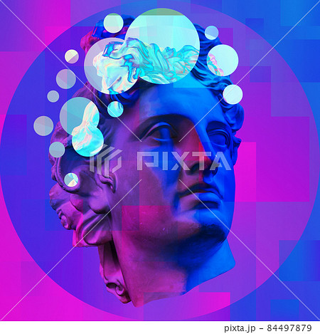 Collage with plaster antique sculpture of human face in a pop art style. Modern creative concept image with ancient statue head. Zine culture. Contemporary art poster. Funky minimalism. Retro design. 84497879