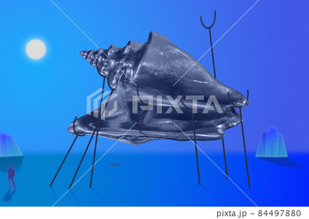 Contemporary art collage, modern bold design. Colorful composition with fossil seashell. Funky surreal style. Wallpaper mockup template for your design. Unusual vibrant texture. Fancy strange objects. 84497880