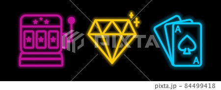 Casino neon icons. Slot machine and playing cards. Neon-style templates. Vector illustration 84499418