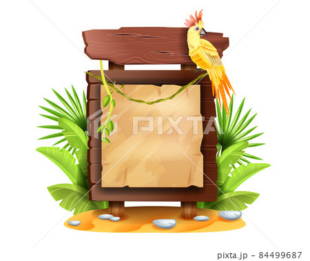 Jungle wooden sign board, vector tropical forest game menu panel frame, exotic leaf, parrot liana 84499687