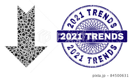 Scratched 2021 Trends Stamp and Geometric Arrow Down Mosaic 84500631