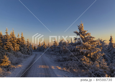 Sunrise in winter landscape near Velka Destna, Orlicke mountains, Eastern Bohemia, Czech Republic 84500730