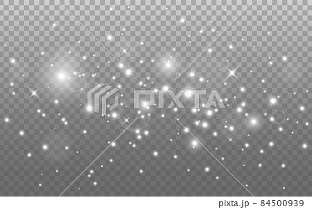 Glowing lights effect. Silver sparkle, stars and bokeh. Magic beautiful glitter. White sparks and flares. Abstract glow composition. Isolated holiday shine. Special silver dust. Vector illustration 84500939