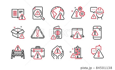 Warnings line icons. Caution sign, Exclamation mark, Risk attention. Danger alert, error caution, urgent information line icons. Safety risk, construction warning, documentation error. Vector 84501138