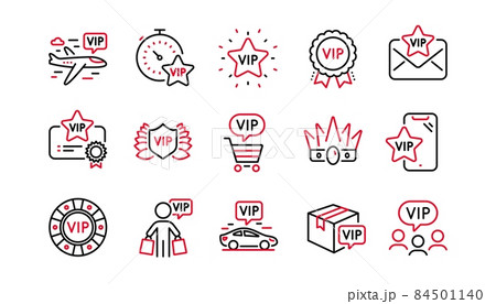 Vip line icons set. Very important person, delivery parcel, casino chips. Certificate medal, player table, vip buyer icons. Crown, casino ticket, business class flight. Membership privilege. Vector 84501140