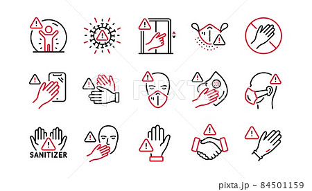 Touch warning line icons. Stop touch face, wear medical mask. Covid cough symptoms, wash and disinfect hands icons. Do not press lift buttons, protect face with medical mask. Linear set. Vector Touch warning line icons. Stop touch face, wear medical mask. Covid cough symptoms, wash and disinfect hands icons. Do not press lift buttons, protect face with medical mask. Linear set. Vector 84501159